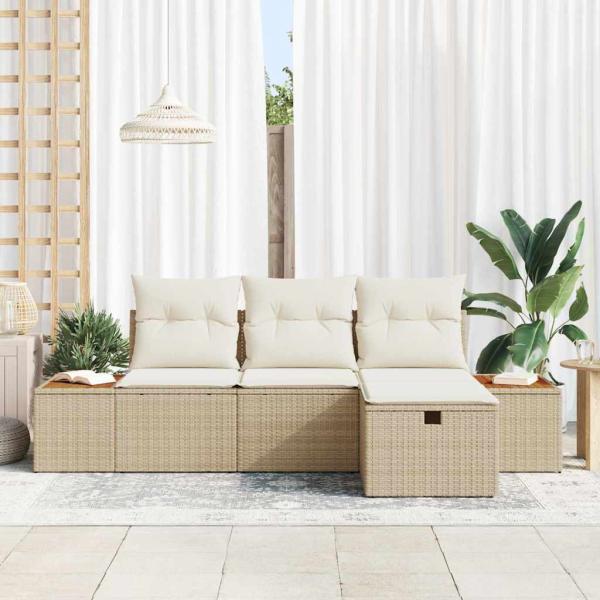4-teiliges Garten Sofa Set mit Kissen Beige Poly Rattan