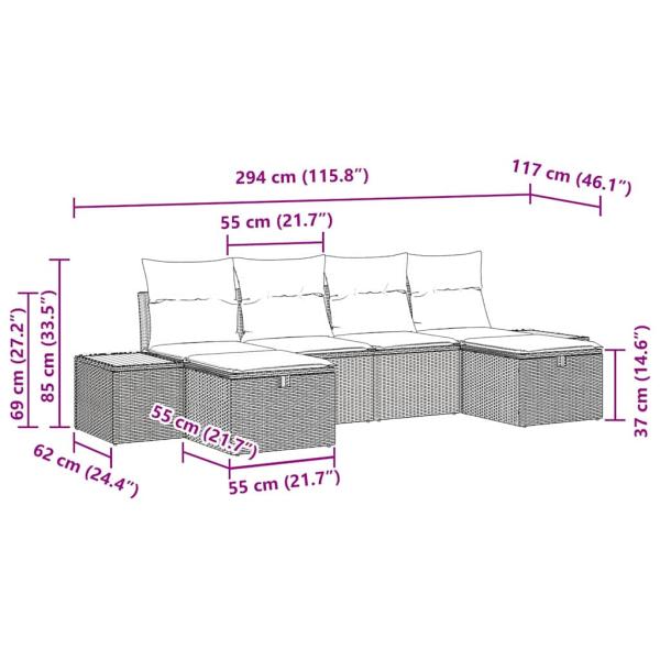 6-teiliges Garten-Sofa-Set mit Kissen Schwarz Poly Rattan