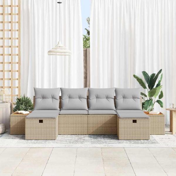 6-teiliges Garten Sofa Set mit Kissen Beige Poly Rattan