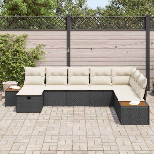 8-teiliges Garten Sofa Set mit Kissen Schwarz Poly Rattan