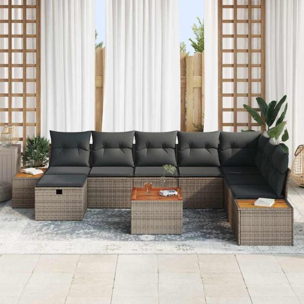 9 teiliges Garten Sofa Set mit Kissen Grau Poly Rattan