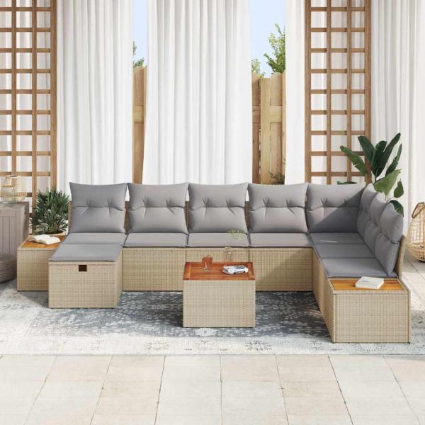 9-teiliges Garten Sofa Set mit Kissen Beige Poly Rattan