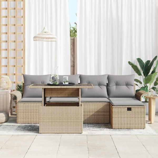6-teiliges Garten Sofa Set mit Kissen Beige Poly Rattan