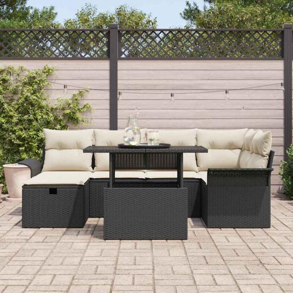 7-teiliges Garten-Sofa-Set mit Kissen in Schwarz Poly Rattan