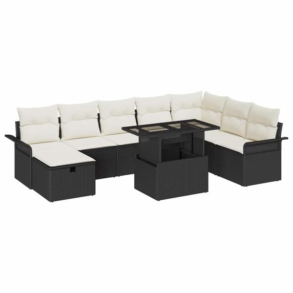 9-teiliges Garten Sofa Set mit Kissen Schwarz Poly Rattan