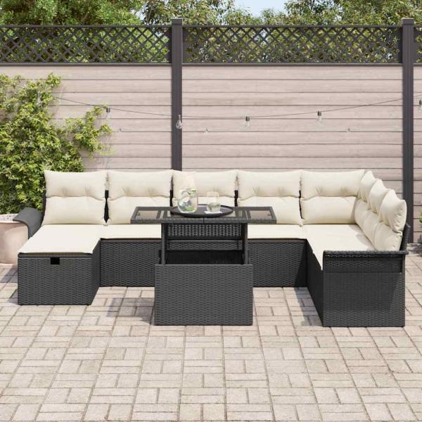 9-teiliges Garten Sofa Set mit Kissen Schwarz Poly Rattan