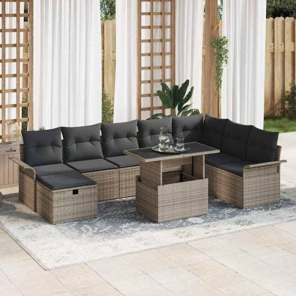 ARDEBO.de - 9-teiliges Garten-Sofa-Set mit Kissen Grau Poly Rattan