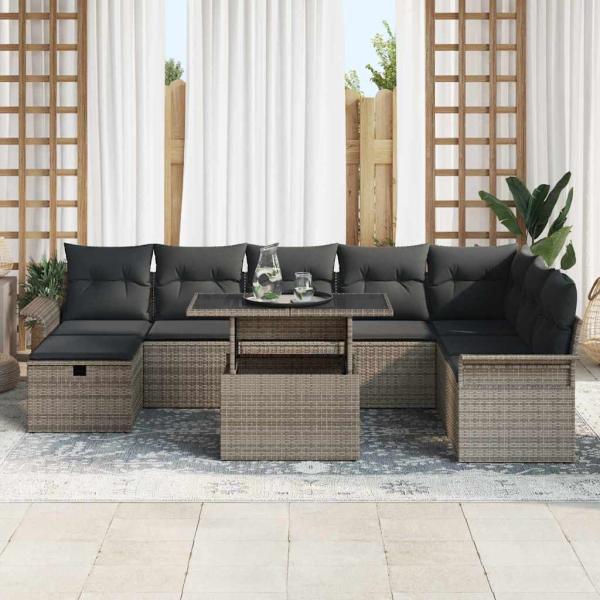 9-teiliges Garten-Sofa-Set mit Kissen Grau Poly Rattan