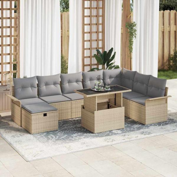 ARDEBO.de - 9-teiliges Garten-Sofa-Set mit Kissen Beige Poly Rattan