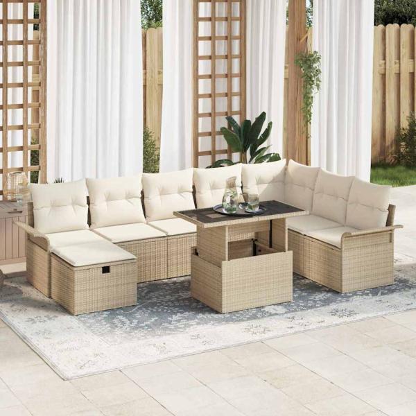 ARDEBO.de - 9-teiliges Garten-Sofa-Set mit Kissen Beige Poly Rattan