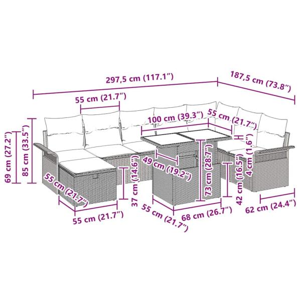 Garten-Sofa-Set mit Kissen mit Speicher 9 pcs Beige Poly Rattan