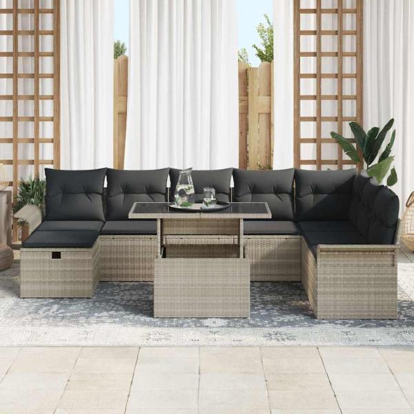 9-teiliges Garten-Sofa-Set mit Kissen Hellgrau Poly Rattan