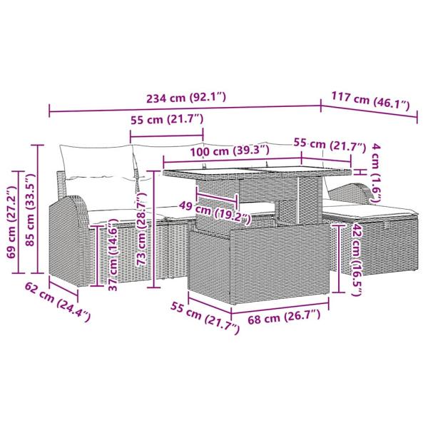 6-teiliges Garten Sofaset mit Kissen Grau Poly Rattan