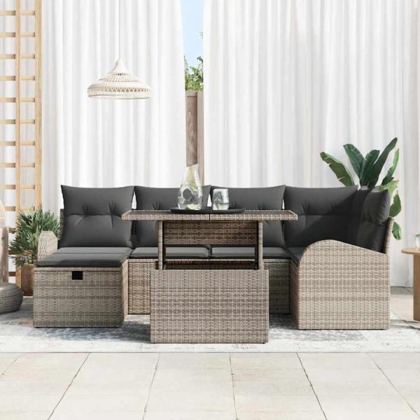 7-teiliges Garten-Sofa-Set mit Kissen Graues Poly-Rattan