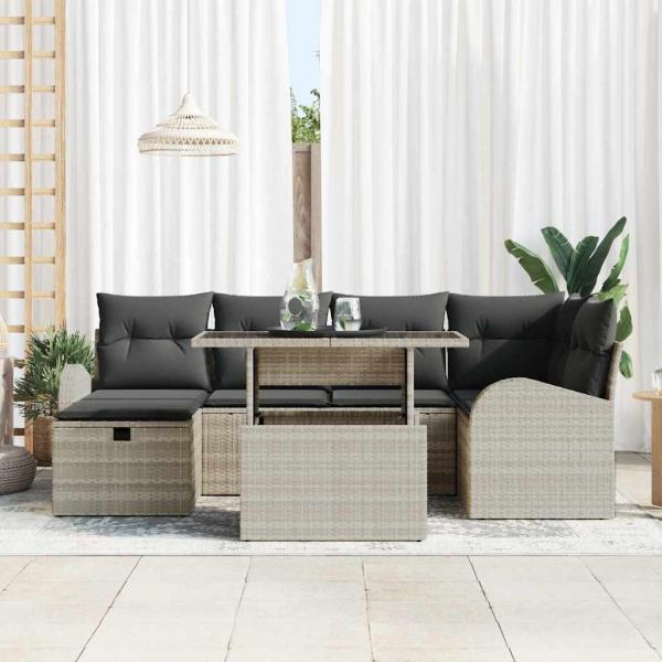 7-teiliges Garten Sofaset mit Kissen Hellgraues Poly-Rattan