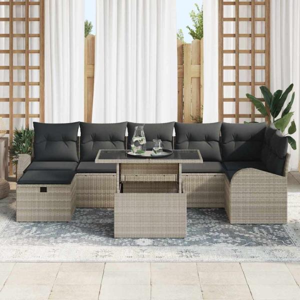 8-teiliges Garten Sofa Set mit Kissen Hellgraues Poly Rattan