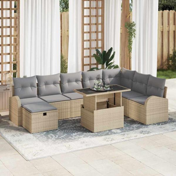 ARDEBO.de - 9-teiliges Garten-Sofa-Set mit Kissen in Beige aus Poly-Rattan
