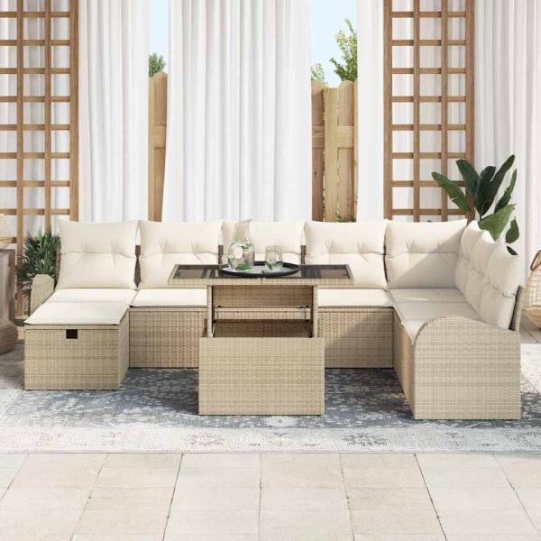 9-teilige Garten Sofa Set mit Kissen Beige Poly Rattan