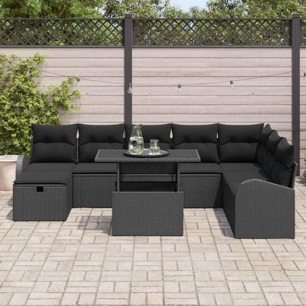 9-teiliges Garten Sofa Set mit Kissen Schwarz Poly Rattan