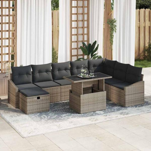ARDEBO.de - 9-teiliges Garten-Sofa-Set mit Kissen Grau Poly Rattan