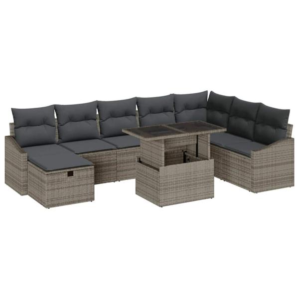 9-teiliges Garten-Sofa-Set mit Kissen Grau Poly Rattan