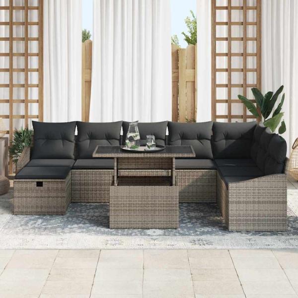 9-teiliges Garten-Sofa-Set mit Kissen Grau Poly Rattan