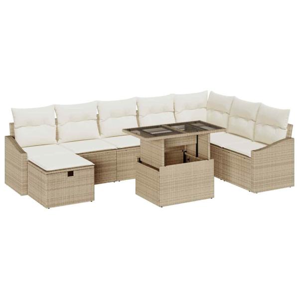 9-teiliges Gartensofa Set mit Kissen Beige Poly Rattan