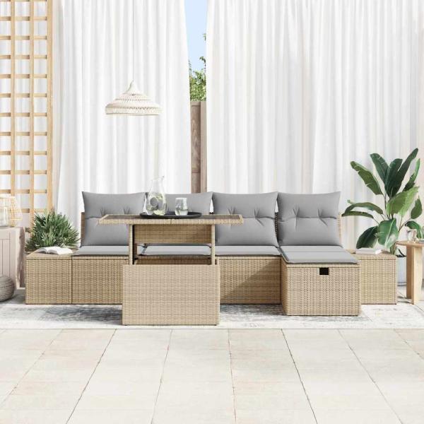 6-teiliges Garten-Sofa-Set mit Kissen Beige Poly Rattan