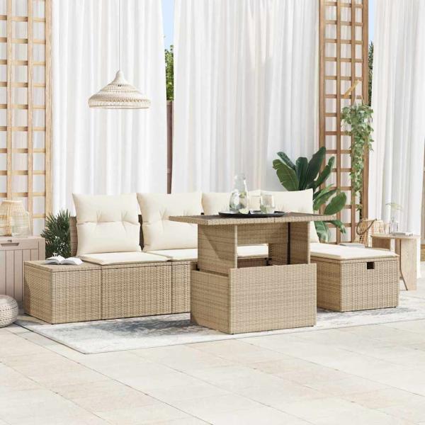 ARDEBO.de - 6-teiliges Garten-Sofa-Set mit Kissen Beige Poly Rattan