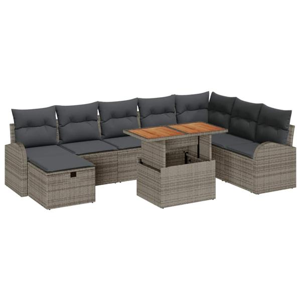 9-teiliges Garten-Sofa Set mit Kissen Grau Poly Rattan