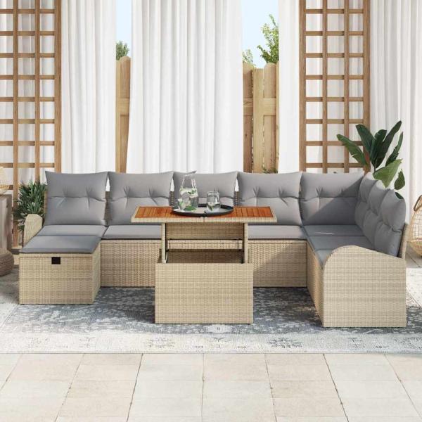 9-teiliges Garten Sofa Set mit Kissen Beige Poly Rattan
