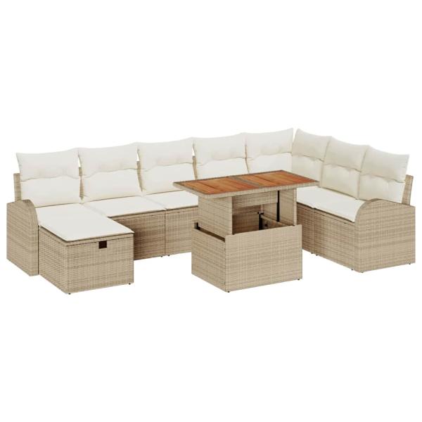 9-teiliges Garten Sofa Set mit Kissen Beige Poly Rattan