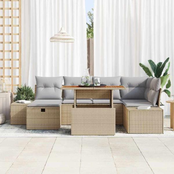 7-teiliges Garten Sofa Set mit Kissen Beige Poly Rattan