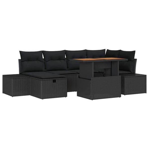 7-teiliges Garten Sofa Set mit Kissen in Schwarz aus Poly-Rattan