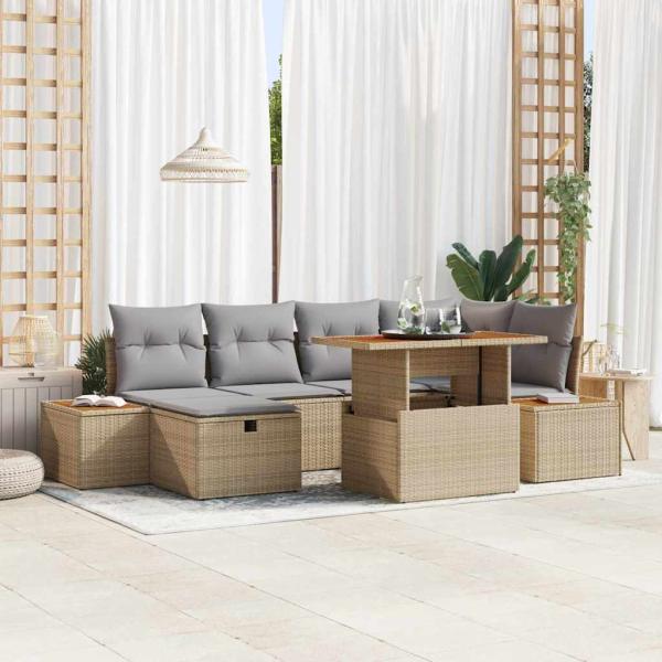 ARDEBO.de - 7-teiliges Garten Sofa Set mit Kissen Beige Poly Rattan