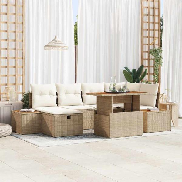 ARDEBO.de - 7-teiliges Garten Sofa Set mit Kissen Beige Poly Rattan