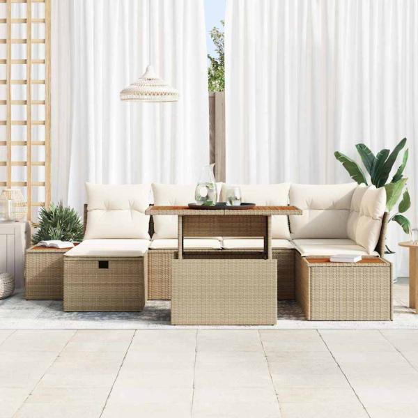 7-teiliges Garten Sofa Set mit Kissen Beige Poly Rattan