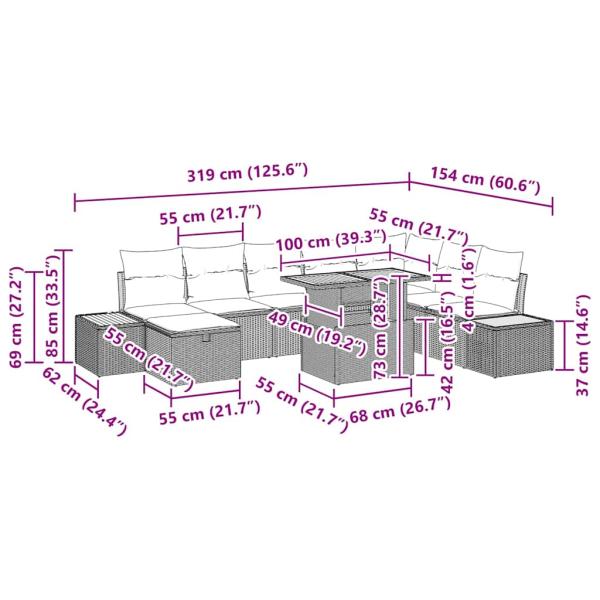 9-teiliges Garten-Sofa-Set mit Kissen Grau Poly-Rattan