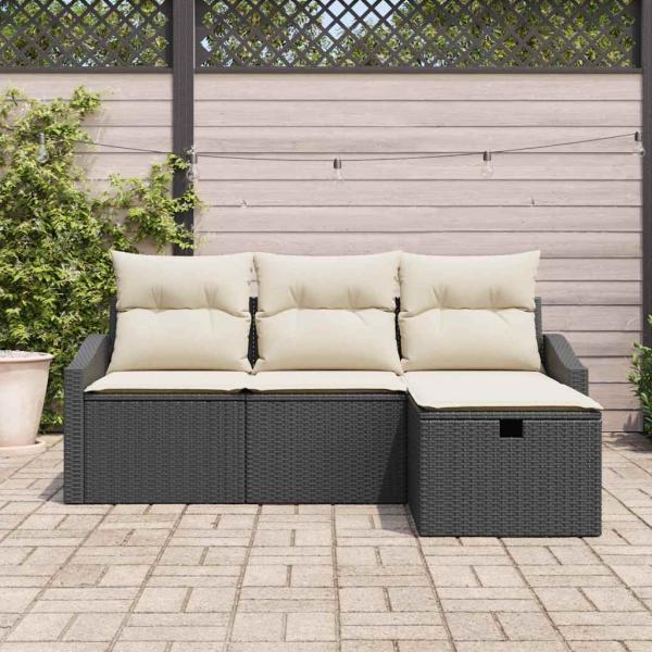 4-teiliges Garten Sofa Set mit Kissen Schwarz Poly Rattan