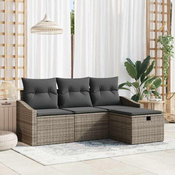 ARDEBO.de - 4-teiliges Garten-Sofa-Set mit Kissen Grau Poly Rattan