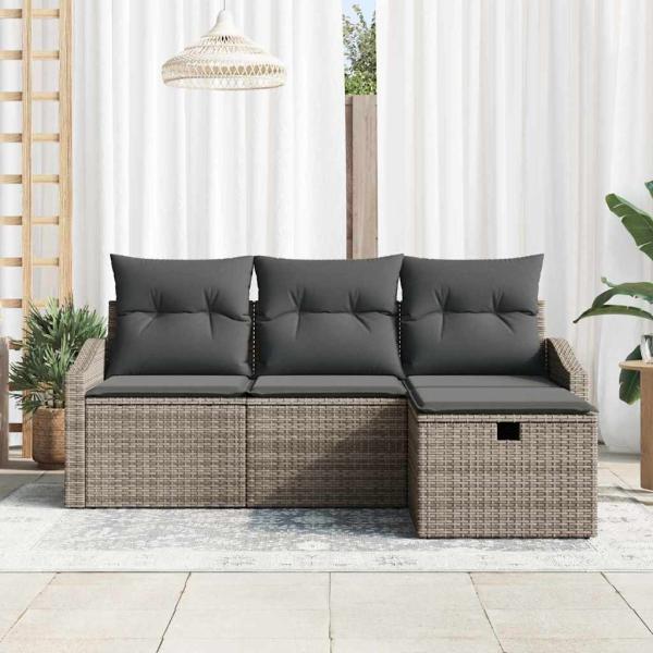 4-teiliges Garten-Sofa-Set mit Kissen Grau Poly Rattan