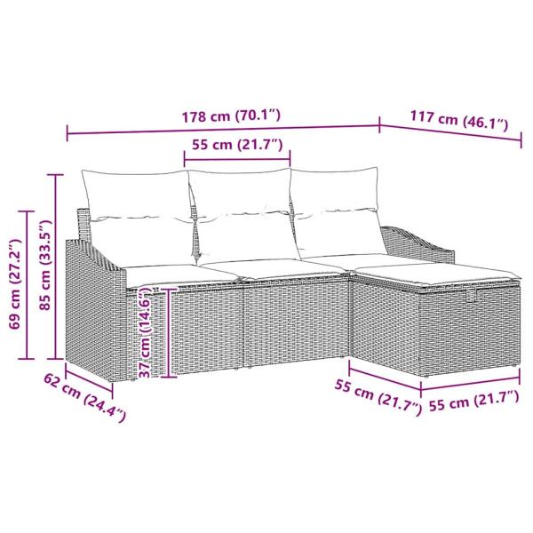 4-teiliges Garten Sofa Set mit Kissen Beige Poly Rattan
