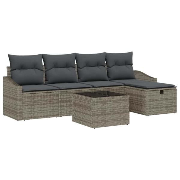 6-teiliges Garten-Sofa-Set mit Kissen in Grau aus Poly-Rattan