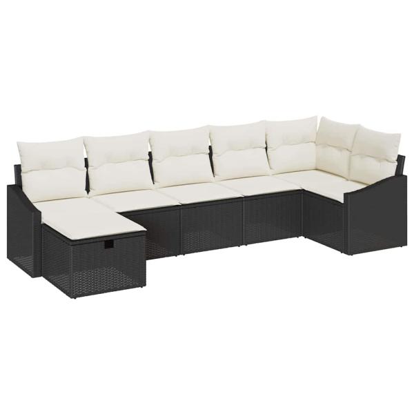 7-teiliges Garten Sofaset mit Kissen, Schwarzes Poly Rattan