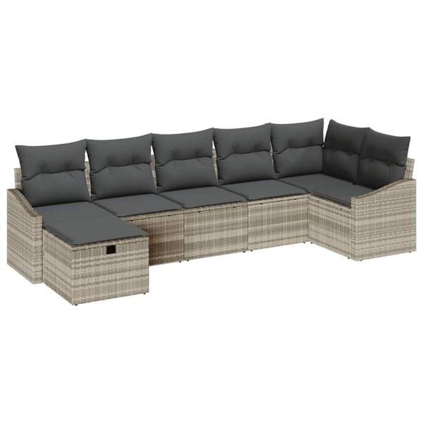 7-teiliges Garten-Sofa-Set mit Kissen Hellgrau Poly Rattan