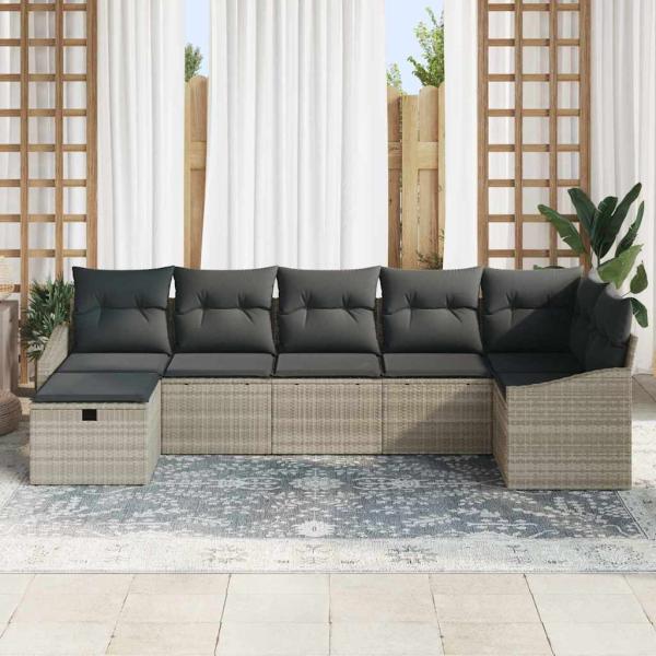 7-teiliges Garten-Sofa-Set mit Kissen Hellgrau Poly Rattan