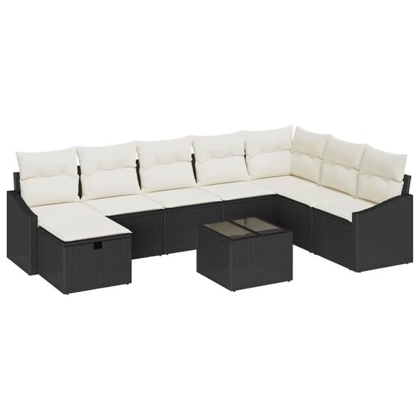 9-teiliges Garten Sofa Set mit Kissen Schwarz Poly Rattan