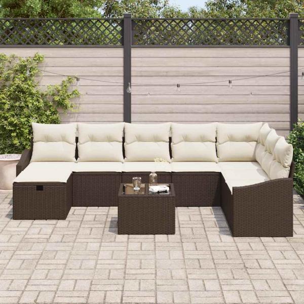 9-teiliges Garten Sofa Set mit Kissen Braun Poly Rattan