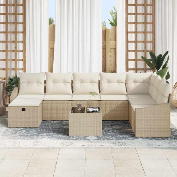 9-teiliges Garten Sofa Set mit Kissen Beige Poly Rattan
