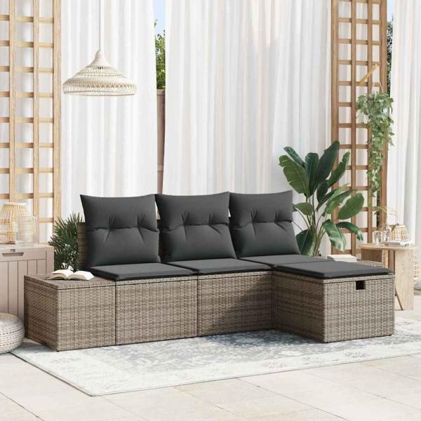 ARDEBO.de - 4-teiliges Garten-Sofa-Set mit Kissen Grau Poly-Rattan